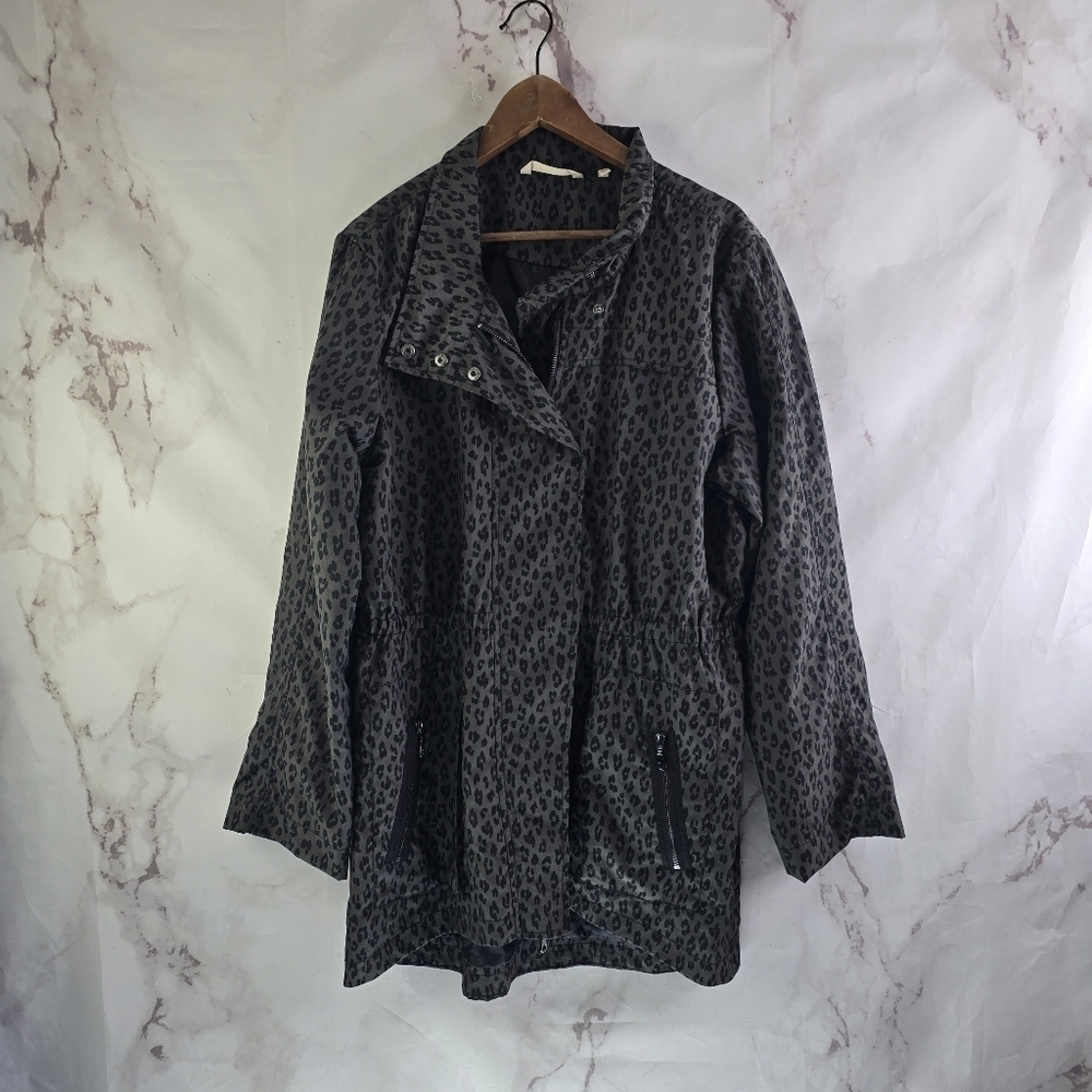 Soft Surroundings Jacket Womens XL Gray Leopardess Zip Rain Windbreaker Trench